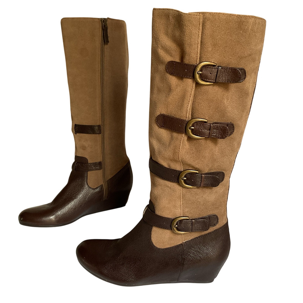 Vintage Buckle Knee High Boots Women's Leather Riding Boho Festival Sz 8 Retro